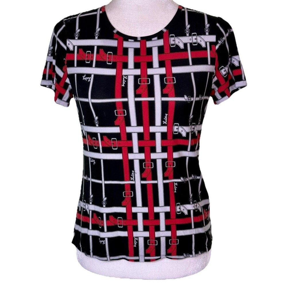 Women Edgy Buckle Print Fitted Short Sleeve‎ Tee Alt Goth Punk Biker Chic Sz Sm